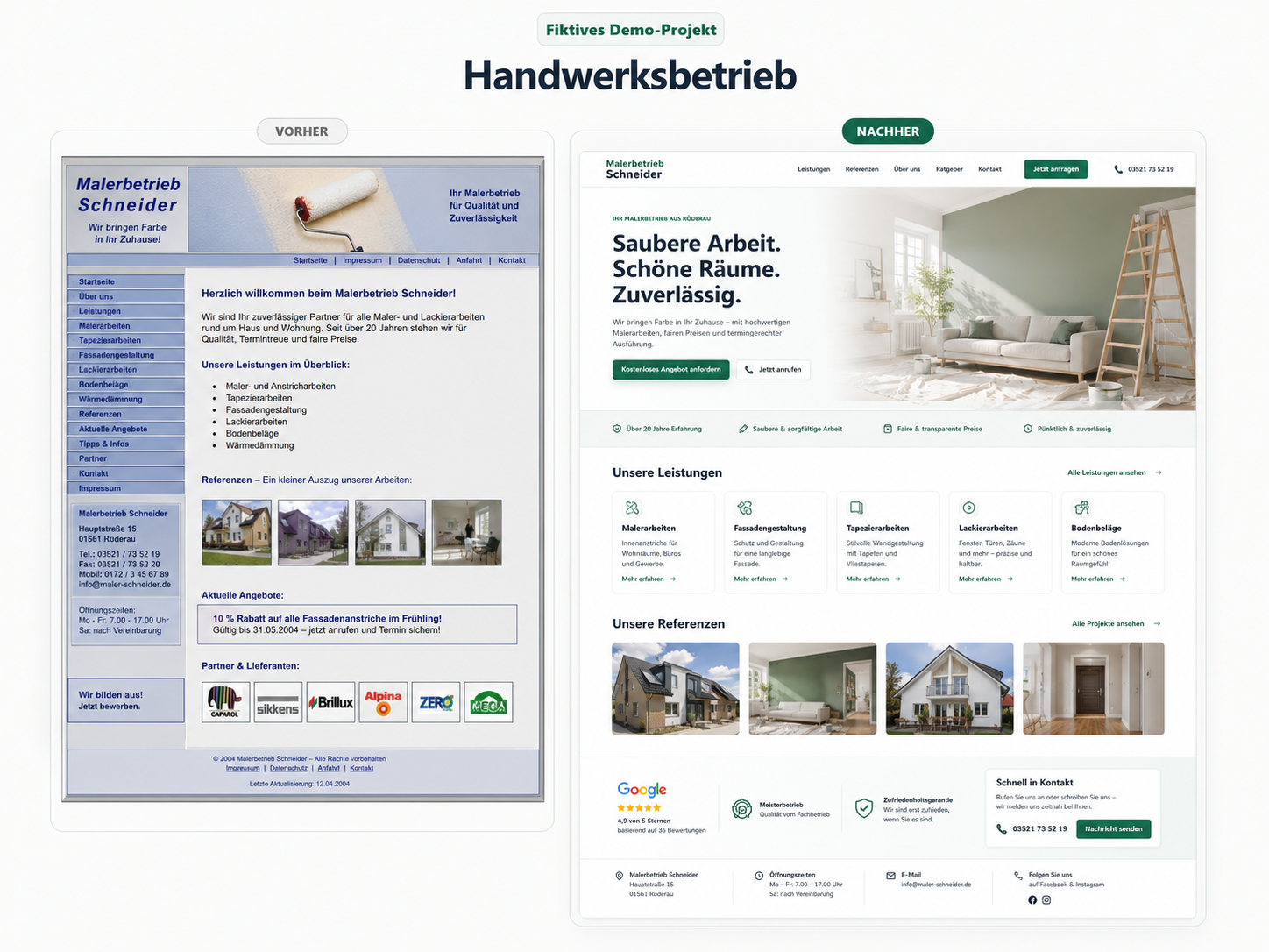 Fiktives Vorher-Nachher Demo-Projekt für einen Handwerksbetrieb