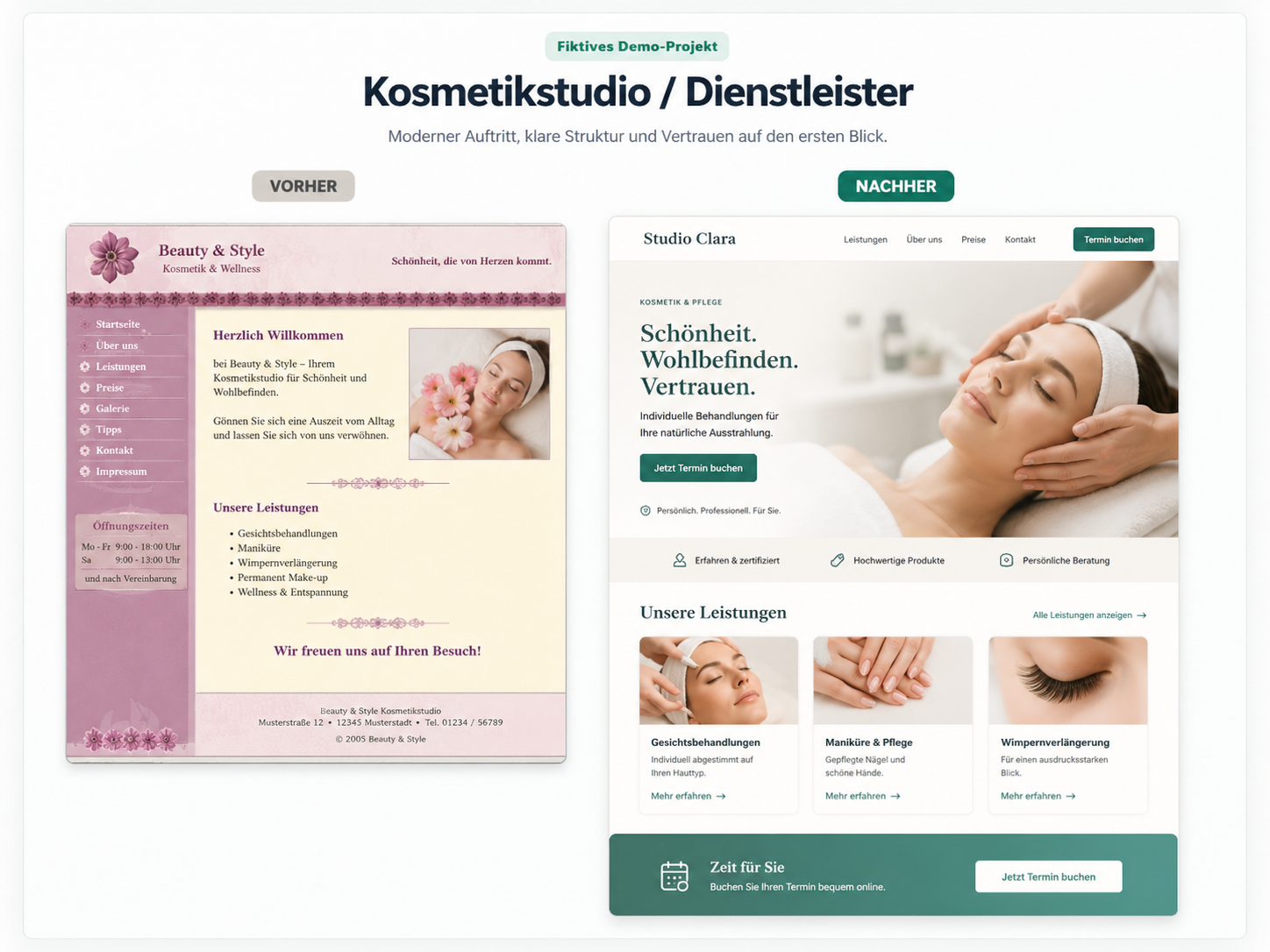 Fiktives Vorher-Nachher Demo-Projekt für ein Kosmetikstudio oder einen Dienstleister